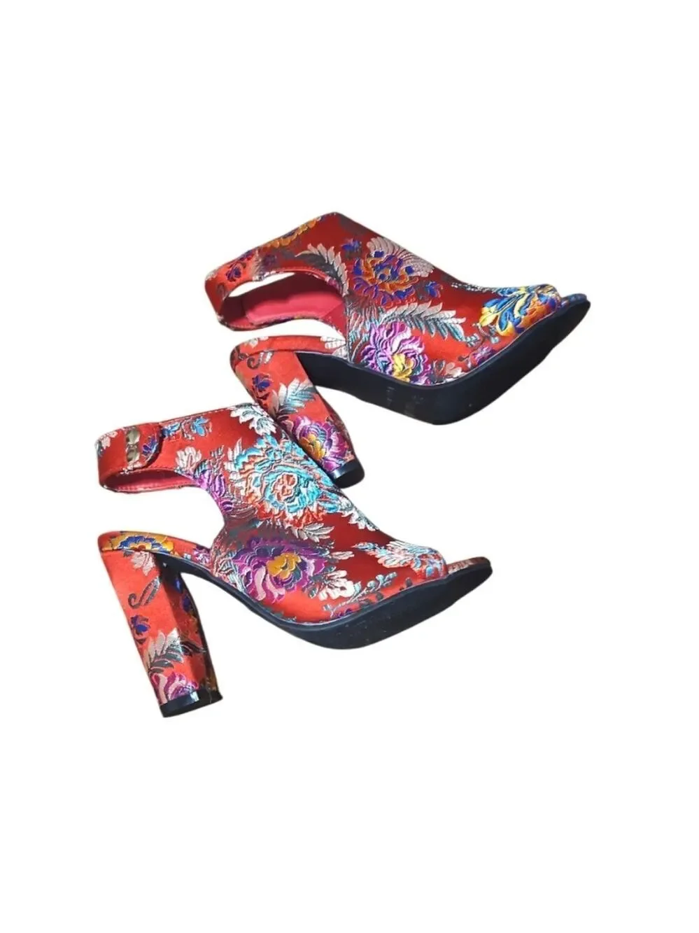 Bamboo Red Floral High Heels with Ankle Strap 5.5 Embroidered Colorful Handmade